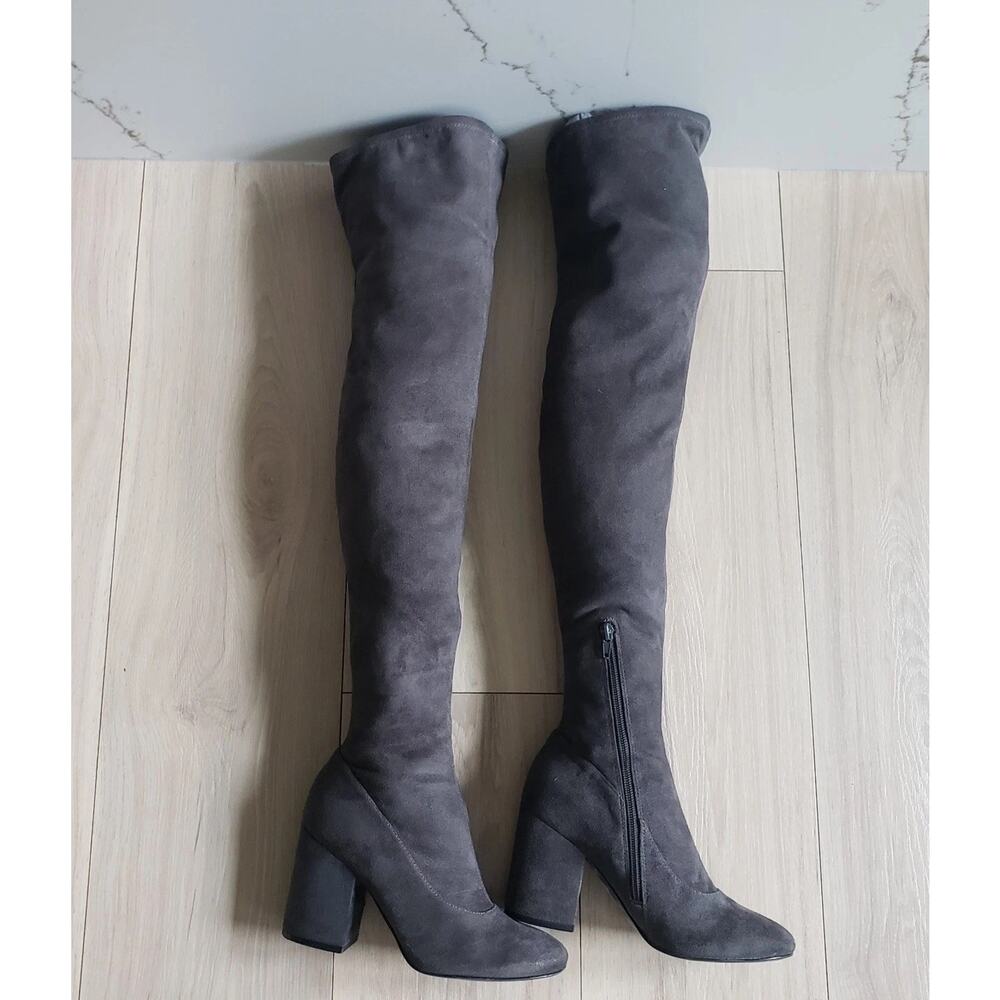 Marc Fisher Boots Womens 6 Grey Suede Ariana Over the Knee Block Heel Thigh High